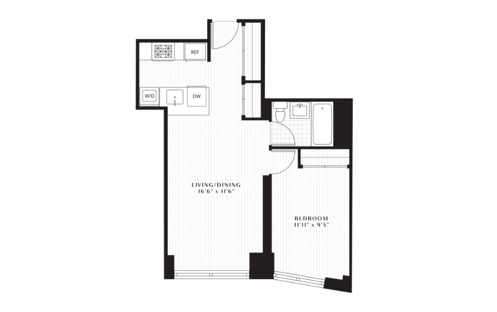 A1 - 1 bedroom floorplan layout with 1 bathroom