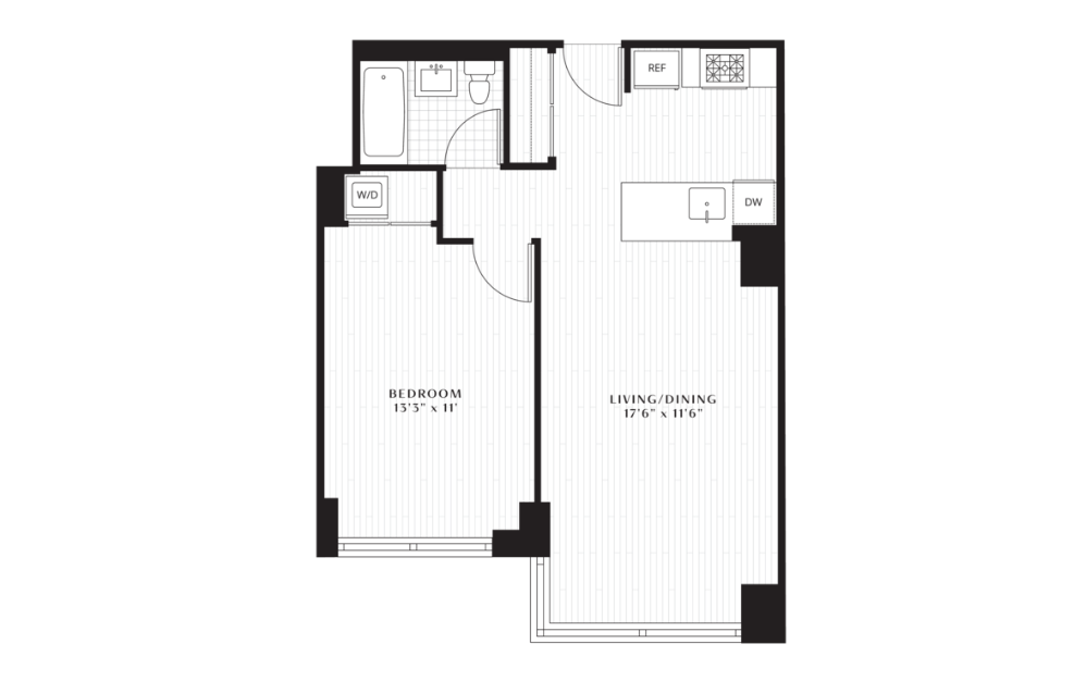 A5 - 1 bedroom floorplan layout with 1 bath