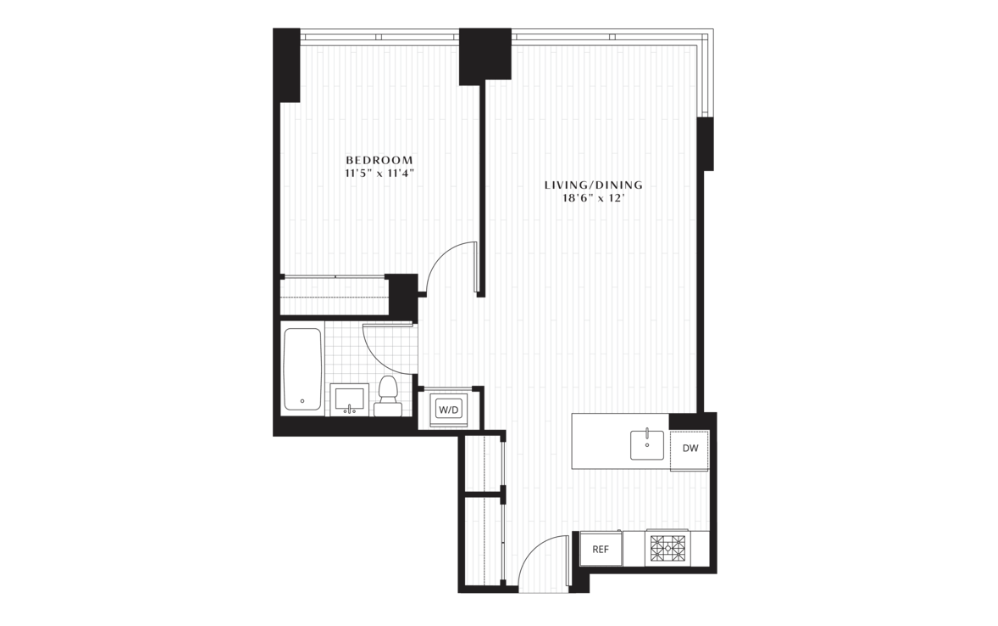 A7 - 1 bedroom floorplan layout with 1 bath