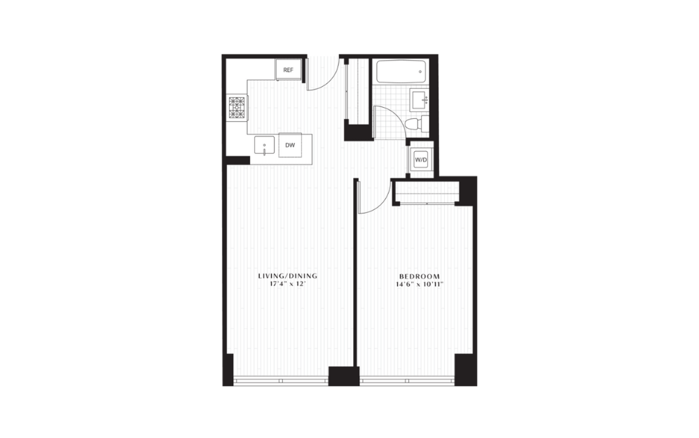 A6 - 1 bedroom floorplan layout with 1 bath