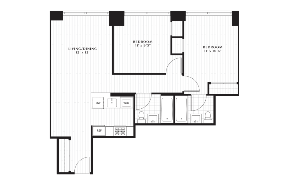 B1 - 2 bedroom floorplan layout with 1 bath