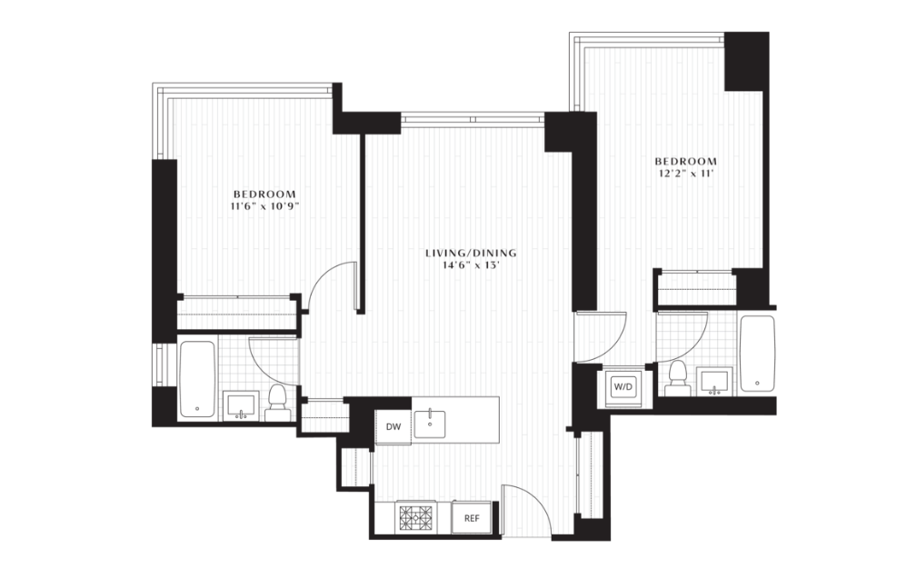 B2 - 2 bedroom floorplan layout with 2 bathrooms