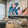 spacious lobby with fireplace and modern art